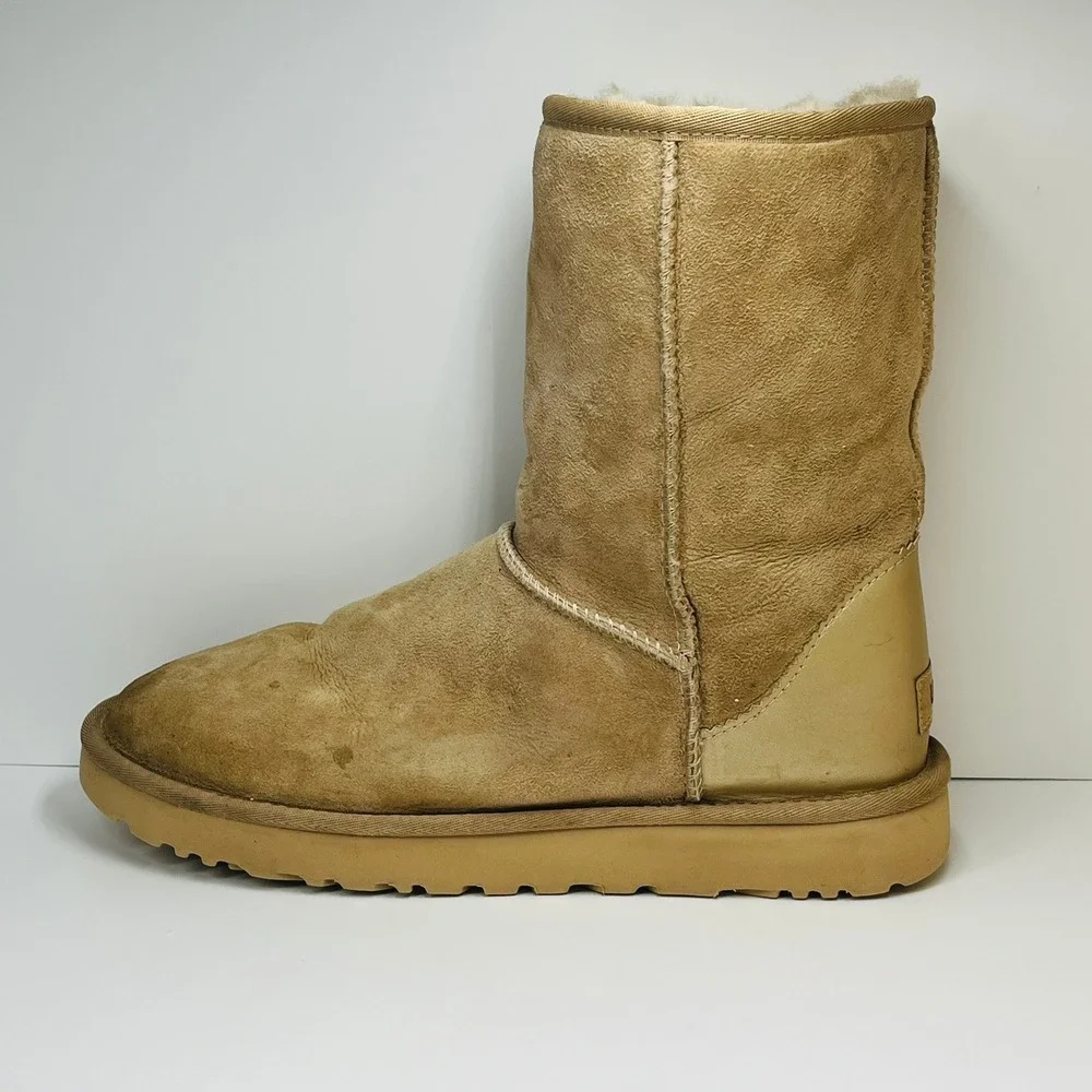 UGG Classic Short Metallic Heel Boots Women Size 10 Sand Gold Suede 1019030